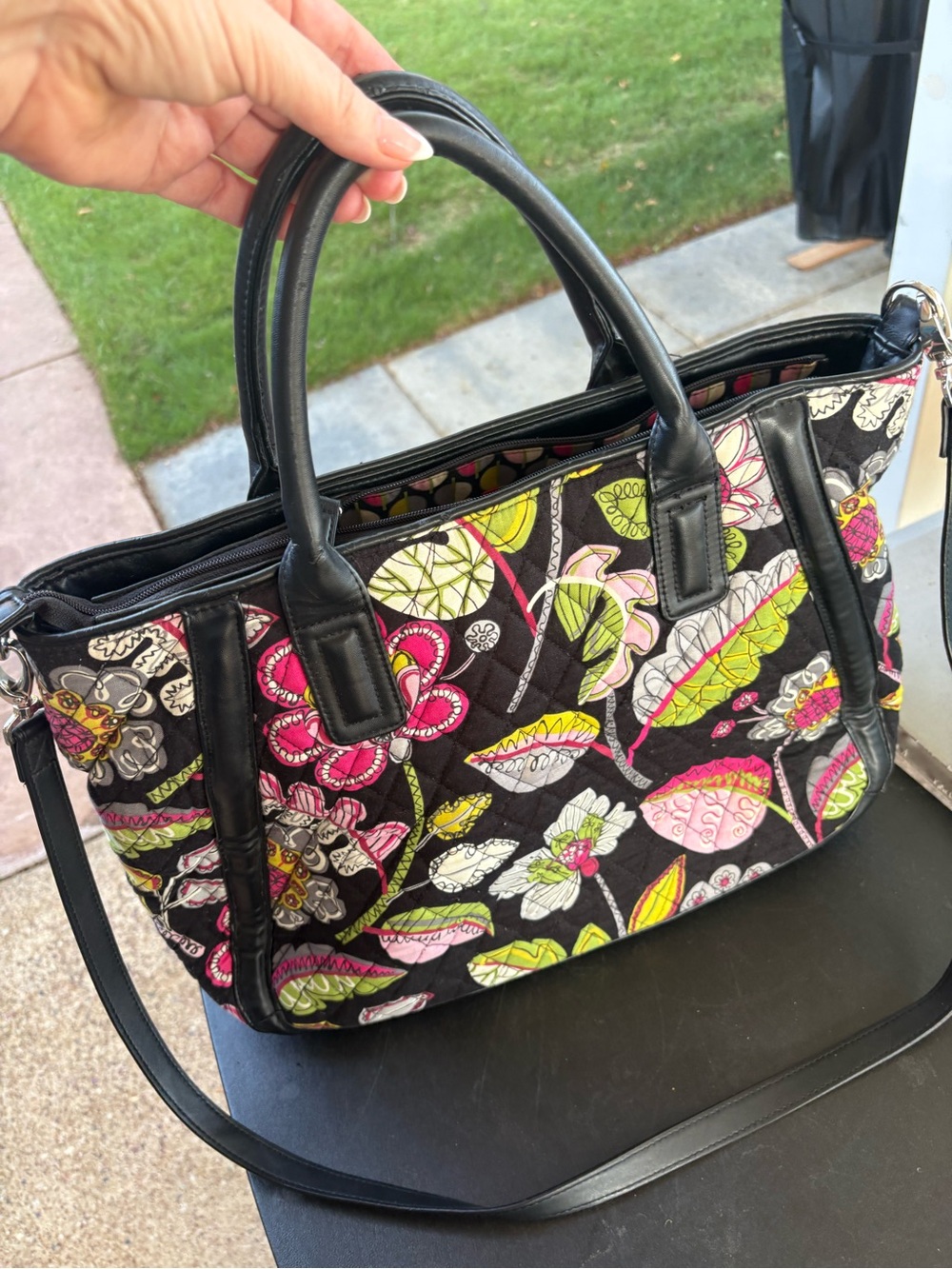 Vera Bradley Quilted Floral Satchel - Black, Pink & Green